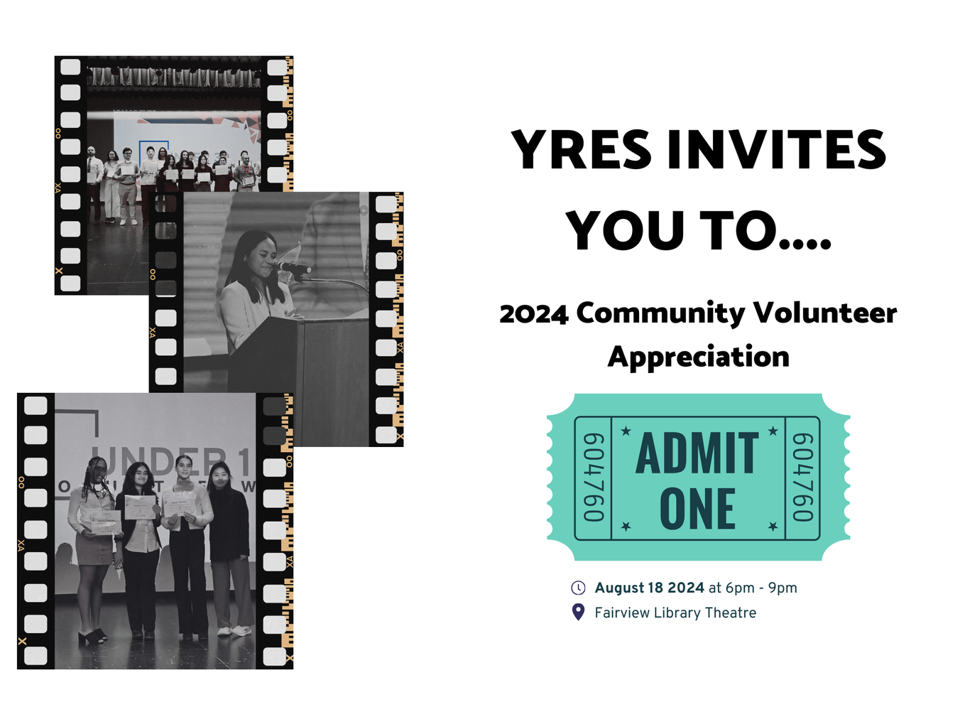 YRES Invites you to... 2024 Community Volunteer Appreciation Location: Fairview Library Theatre, North York. Date: August 18, 2024