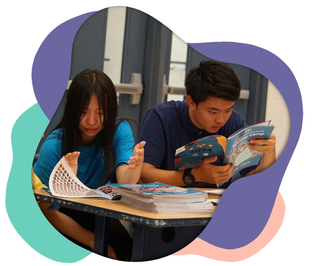 Decorative image of YRES instructors and volunteers reading the YRES camp year book