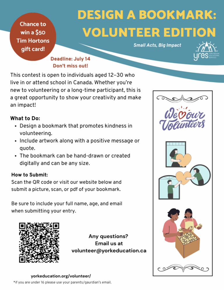 Chance to win a $50 Tim Hortons gift card. Open to ages 12-30 who live in or atttend school in canada. You have to design a bookmark that promotes kindness in volunteering. Include artwork along with a positive message or quote. Can be hand-drawn or created digitally and can be any size. Submit with the button below!